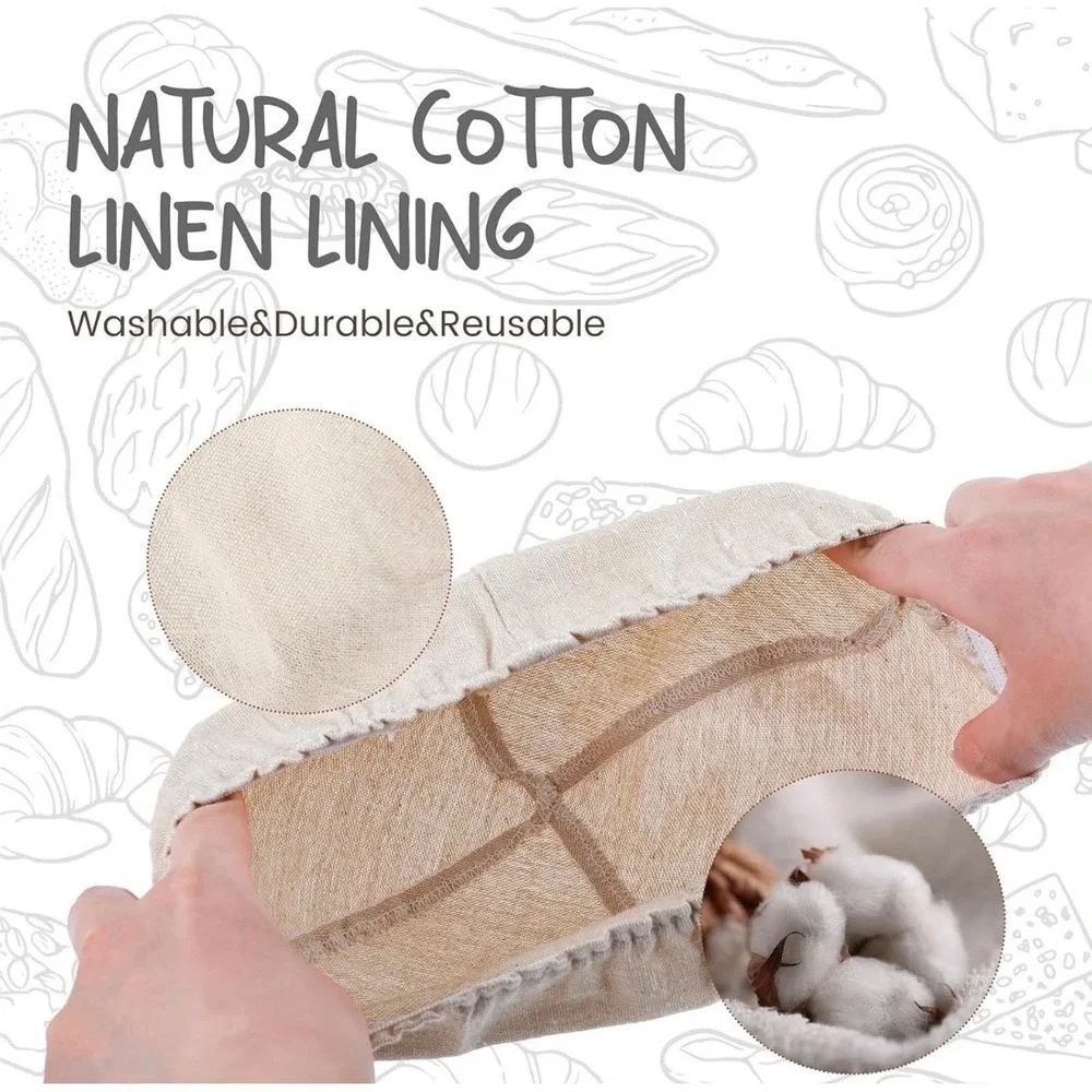 Set of 2 Round Rattan Bread Proofing Banneton‎ Baskets with Linen Liners Natural